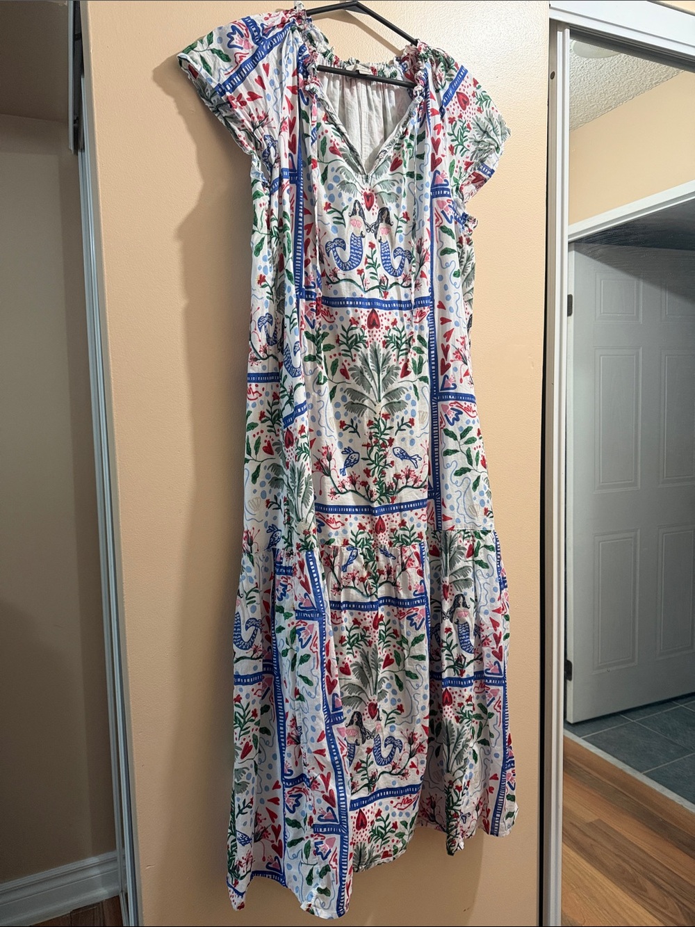 LOFT White Maxi Dress with Blue, Green & Red Floral Print